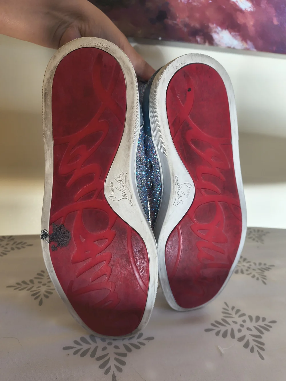 Christian Louboutin Metallic Blue Crystal High-Top Sneakers - Picture 5 of 11